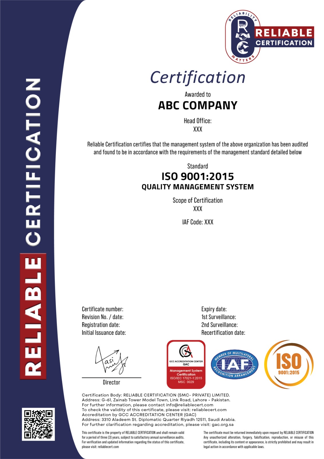 Reliable Certification ISO Certificate Sample